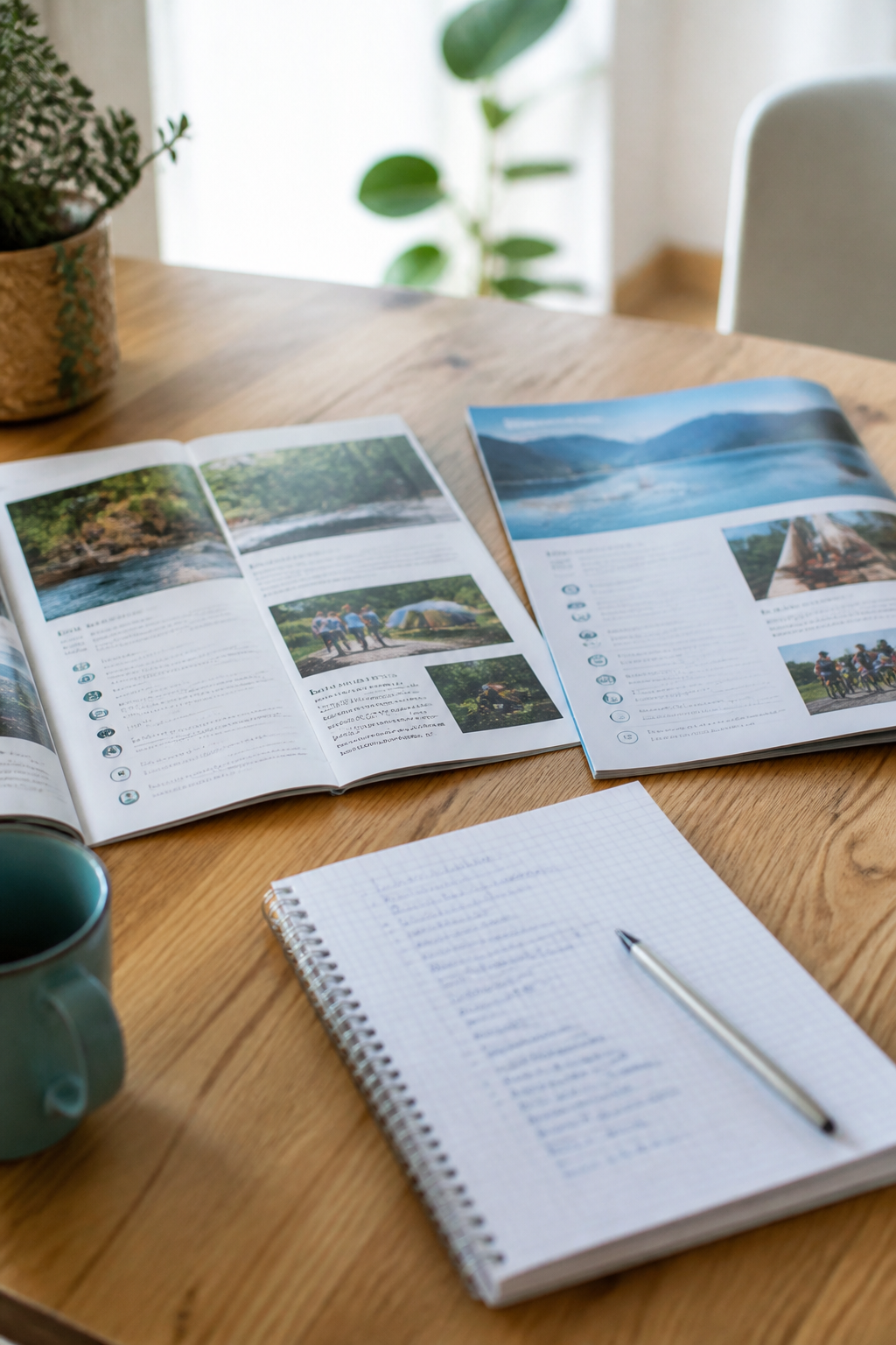 Deux brochures de séjours ouvertes côte à côte sur une table, avec un carnet de notes et un stylo pour comparer les propositions
