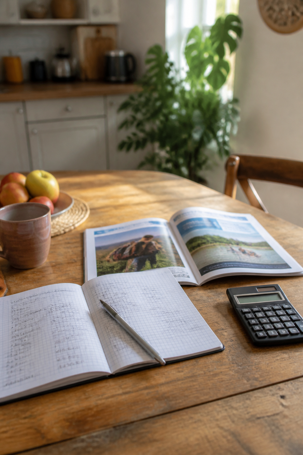 Table de cuisine avec un carnet de comptes annoté, une calculatrice et une brochure de séjour ouverte