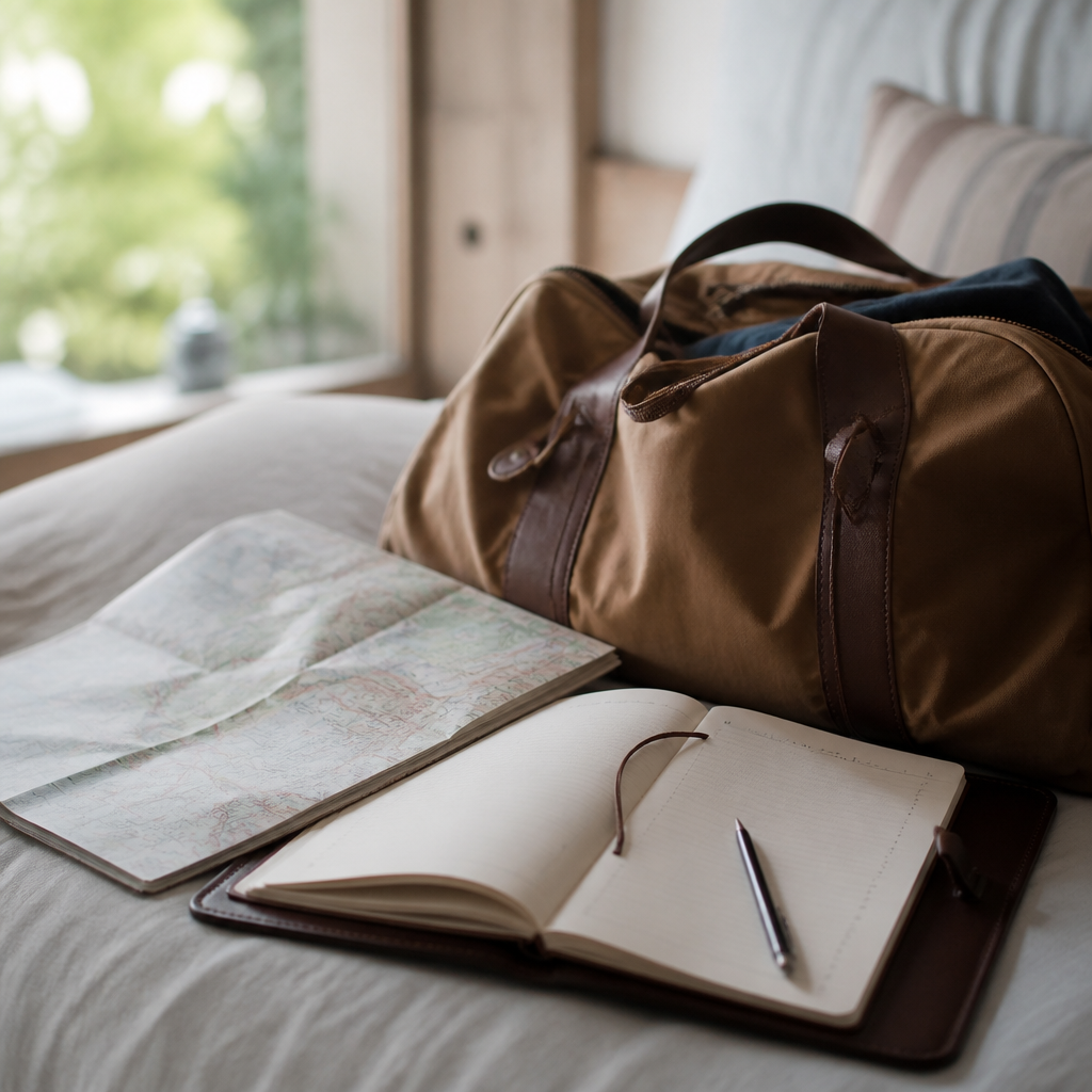 Carnet ouvert, carte routière pliée et sac de voyage d'enfant posés sur une table en bois avant un départ en séjour