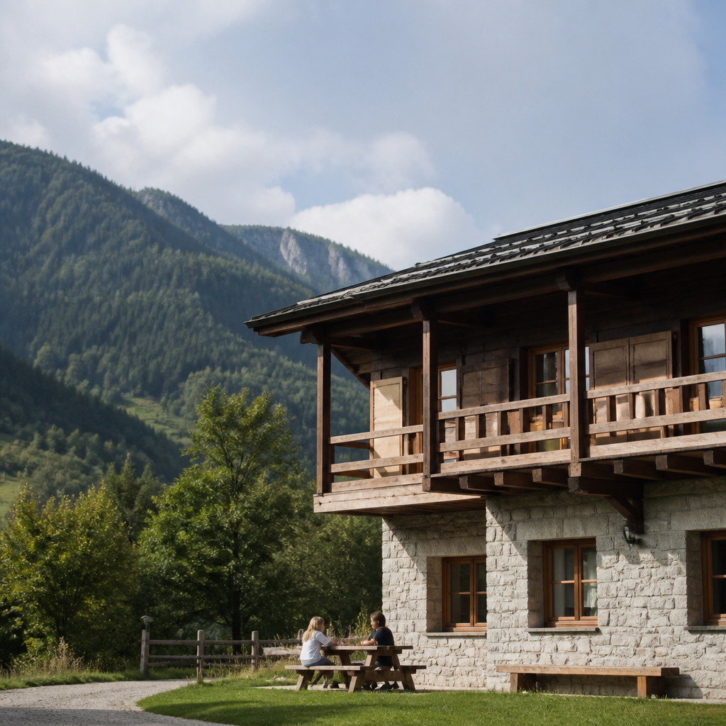 Façade d'un centre de vacances de montagne sous la neige, avec balcons de bois et volets ouverts en fin de journée