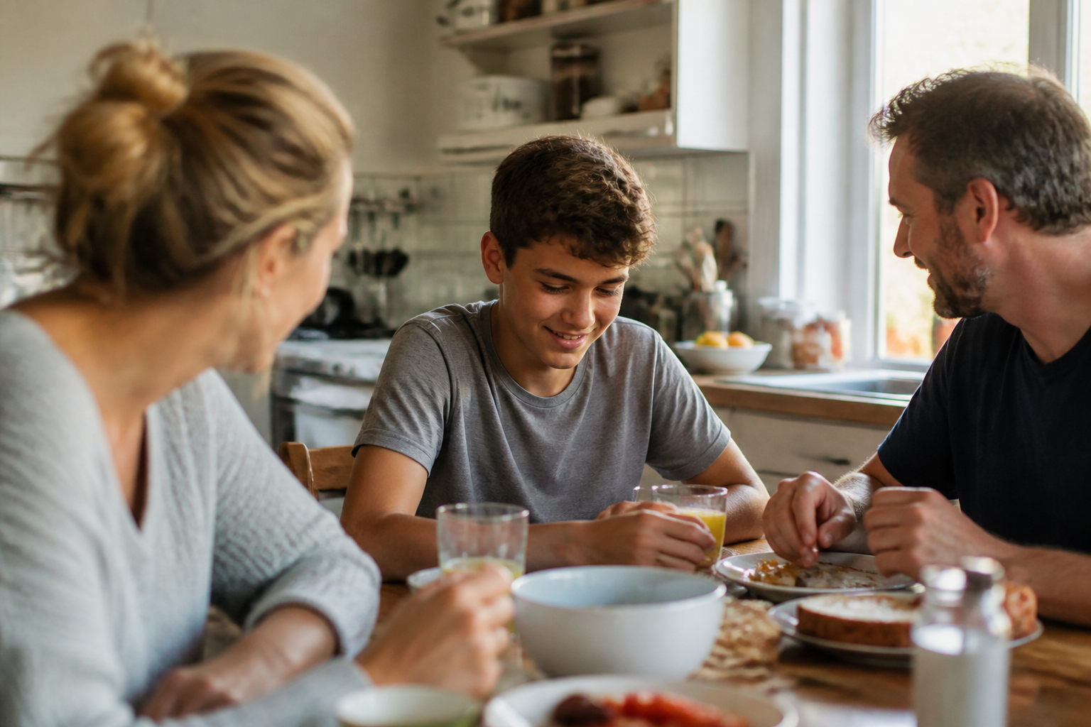 Adolescent attablé avec une famille d'accueil dans une cuisine lumineuse, échangeant pendant le repas du soir