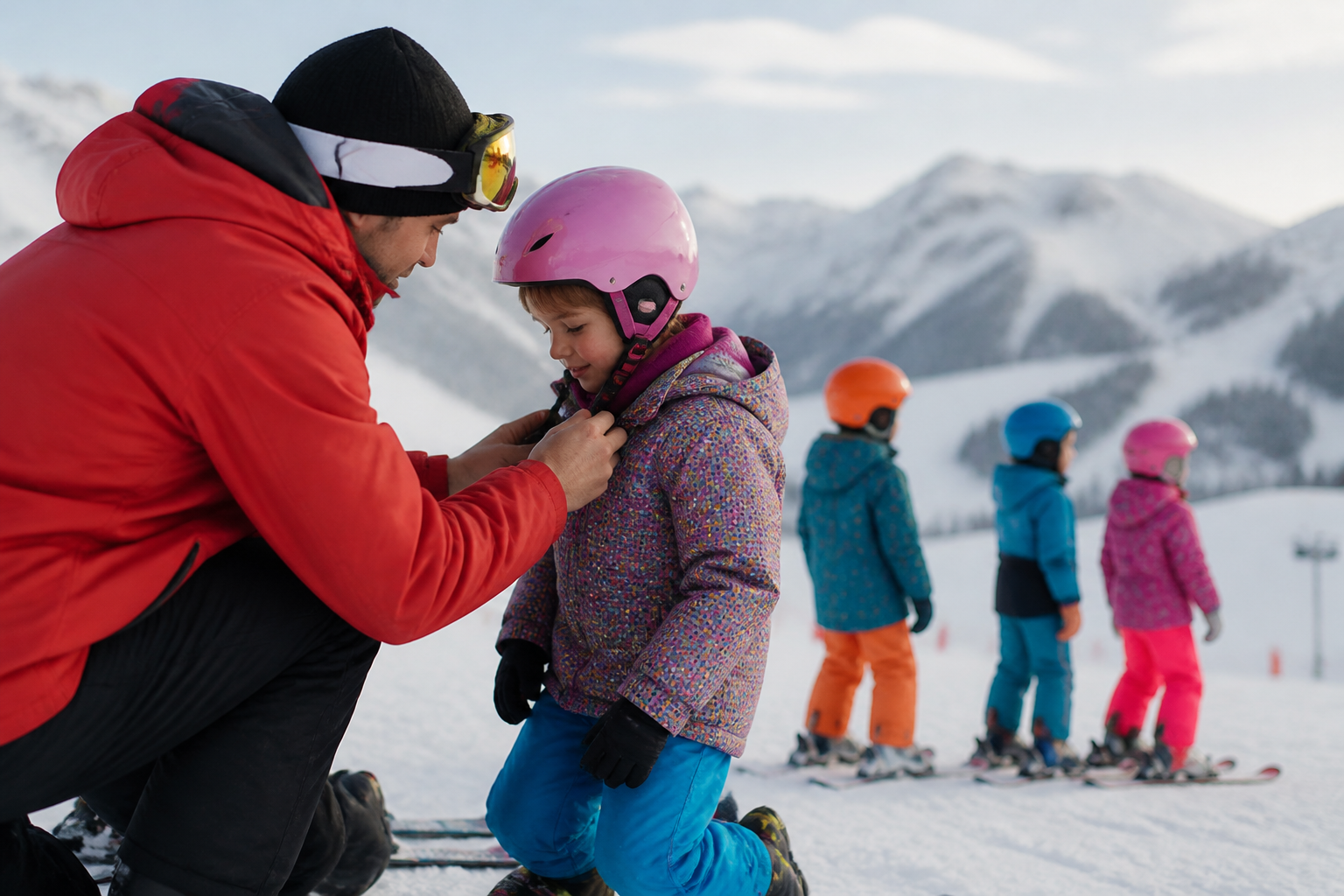 Groupe d'enfants casqués, skis aux pieds, alignés au départ d'une piste balisée sous un ciel dégagé