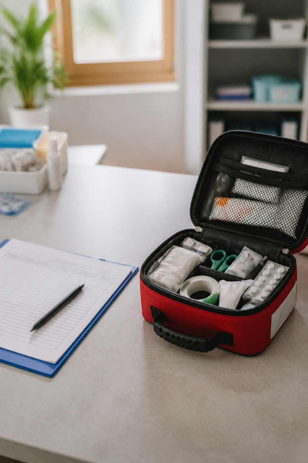 Trousse de secours ouverte et registre de suivi sanitaire posés sur le plan de travail d'une infirmerie de centre de vacances
