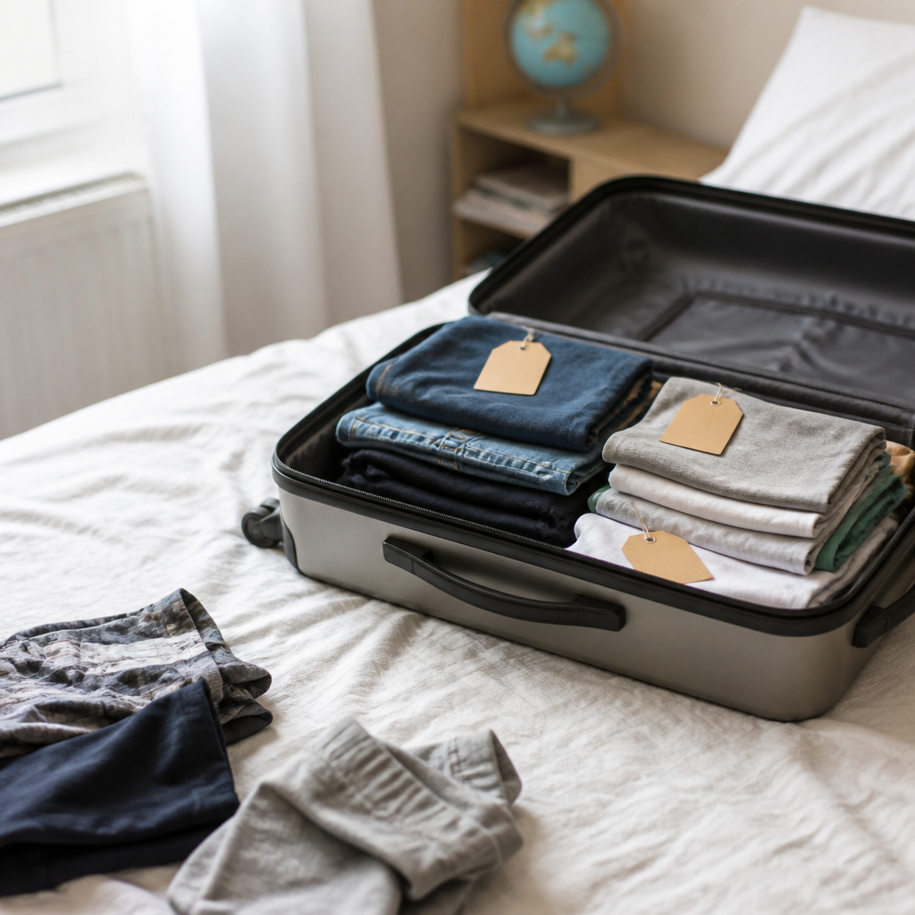 Valise ouverte sur un lit, vêtements pliés, étiquettes au nom de l'enfant et trousse de toilette prêtes pour un séjour